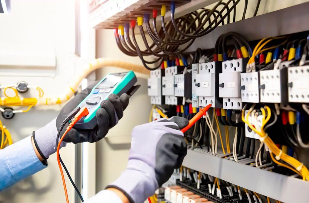 Technician testing an industrial electrical panel