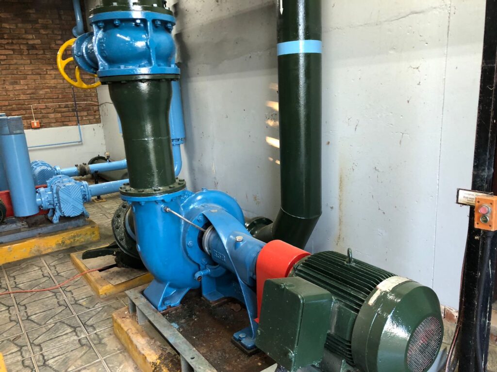 Industrial pump, motor and pipework installation
